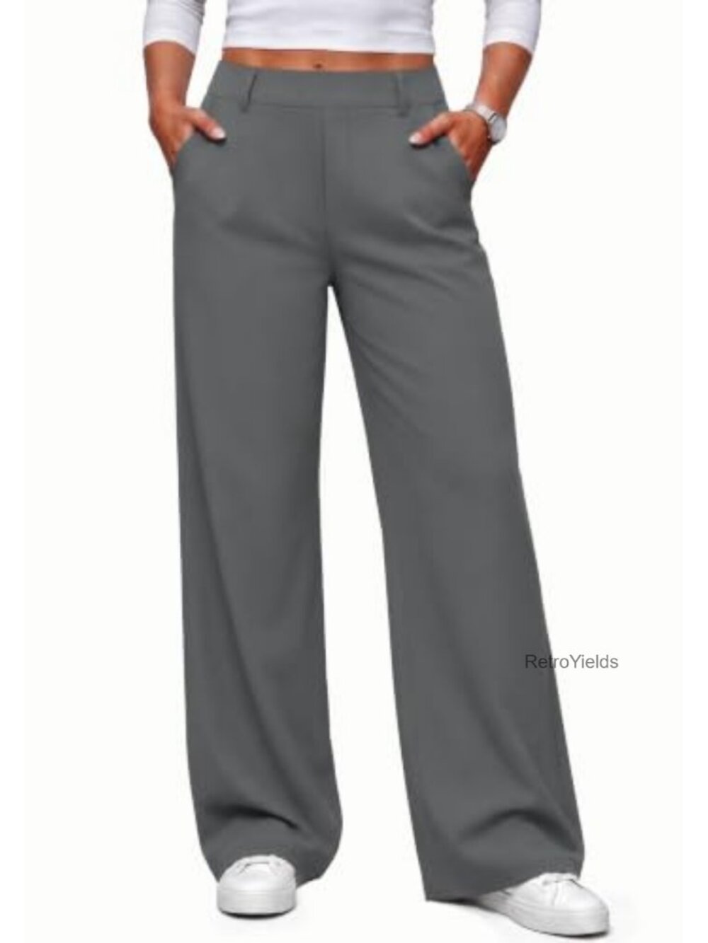 Wide Leg High Waist Pull On Business Casual Trousers Slacks Pockets